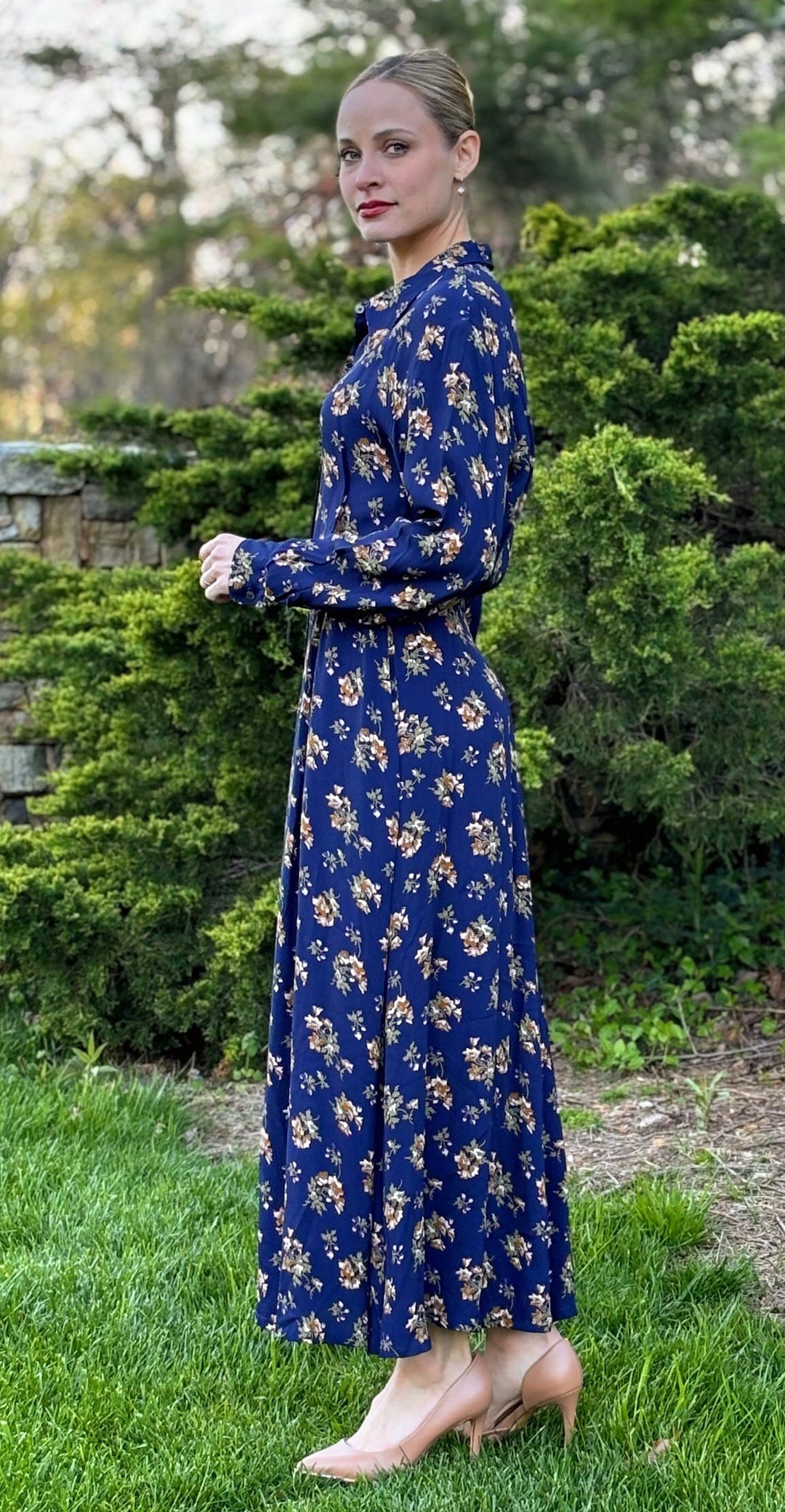 1990s J Crew Navy Blue Floral Long-sleeved Shirtwaist Dress