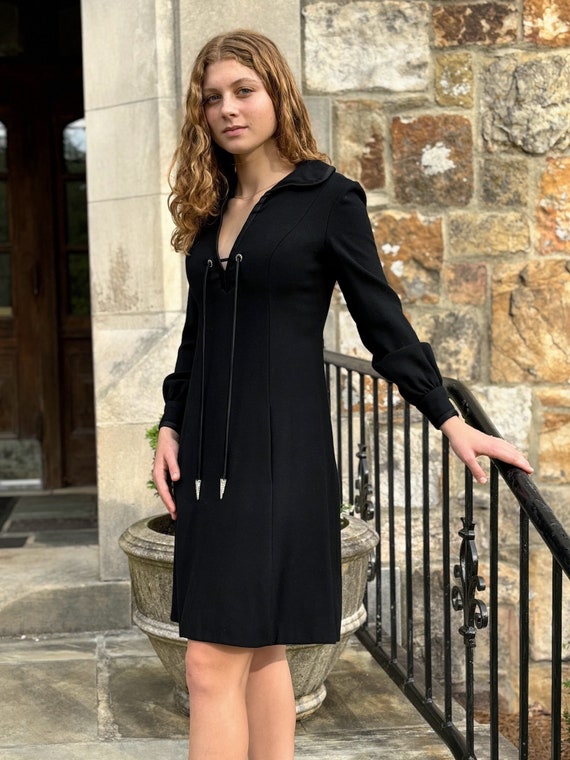 1960s Gino Charles Black Wool Long Sleeved Cocktai