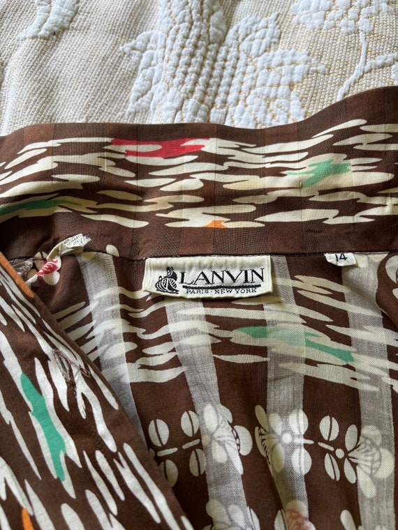 1960s 1970s Lanvin Brown Floral Groovy Long Sleeved Blouse