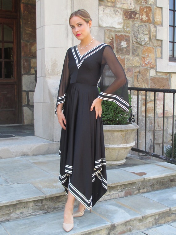 Fantastic 1970s Black Dress With Handkerchief Hem and Sheer Sleeves - Etsy