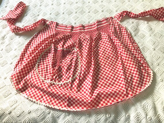 Vintage Hand Smocked Red Gingham Half Apron with Rick Rack - DARLING!