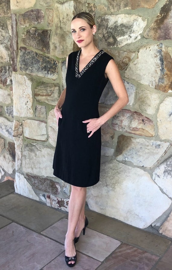 1960s Black Wool Cocktail Dress with Rhinestone Ne