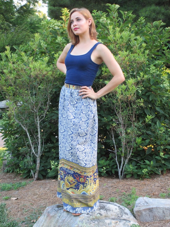 1960s Nelly de Grab Blue Cotton Floral Maxi Skirt