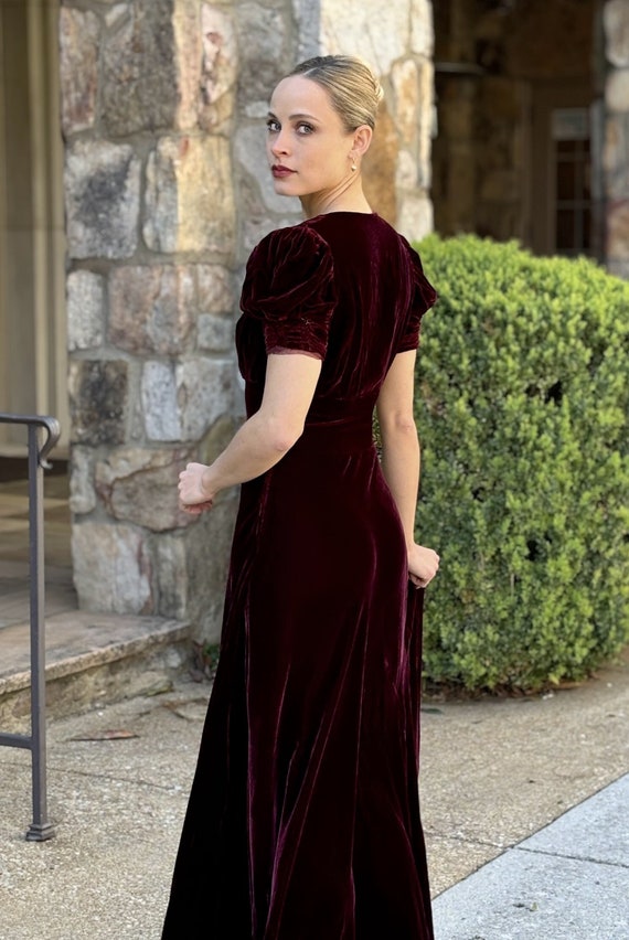 1930s Burgundy Velvet Evening Gown Dress - Short S