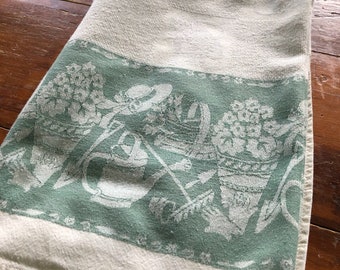 Vintage 53 x 77 Cotton Tablecloth  - Cream & Green Garden Theme - Watering Cans, Hats, Flower Pots