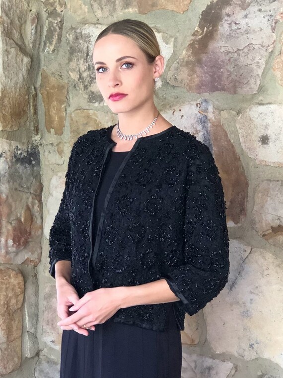 1950s 1960s Black Hand Beaded Cocktail Jacket with So… Gem