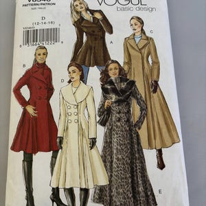 May include: Vogue basic design sewing pattern V8346 for sizes 12-14-16. The envelope features illustrations of five different coat styles: a brown herringbone jacket, a red double-breasted coat, a cream coat, a leopard print coat, and a tan coat.