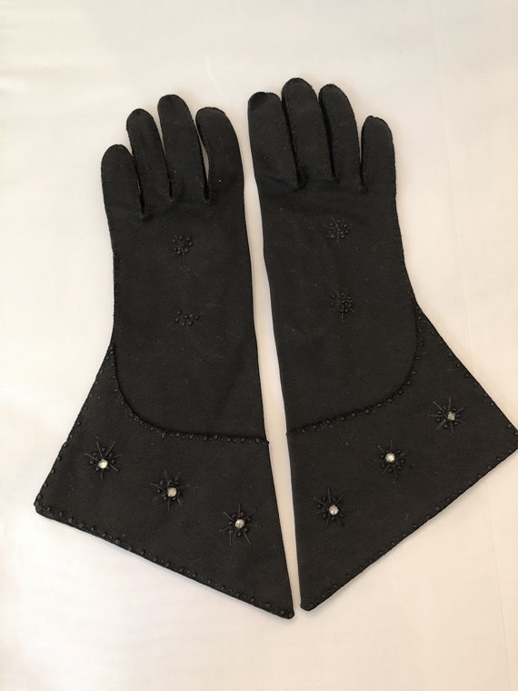 Vintage Black Gloves - Embroidered with Rhineston… - image 3