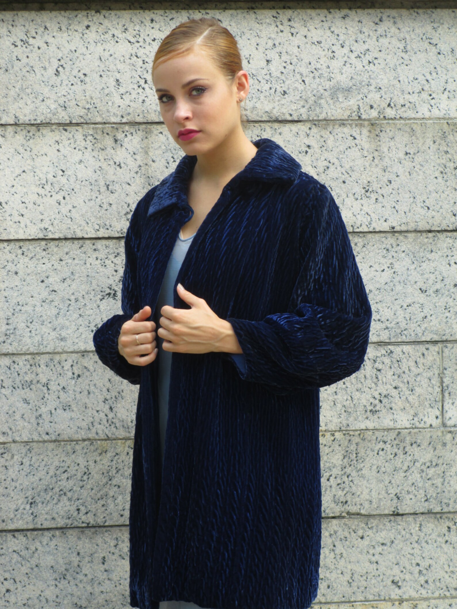 Opera coat in midnight blue silk velvet
