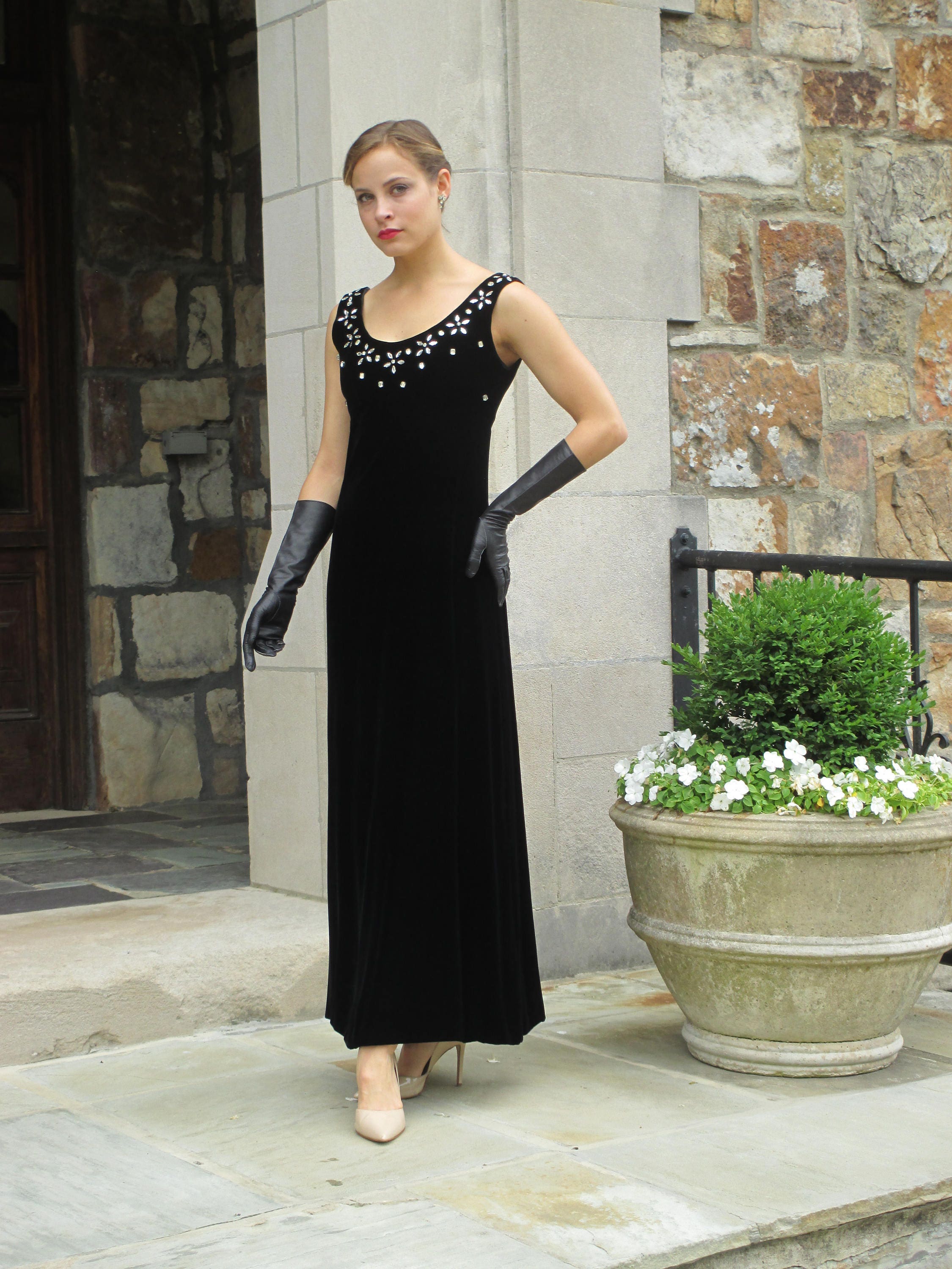 black evening gown with rhinestones