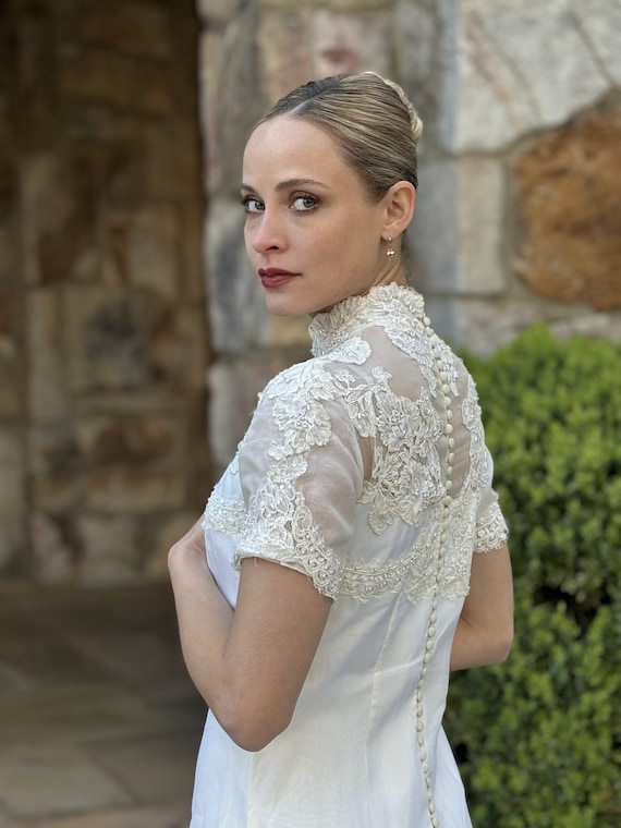 1960s Jackie Style Wedding Dress With Lace Appliqués and Pearls