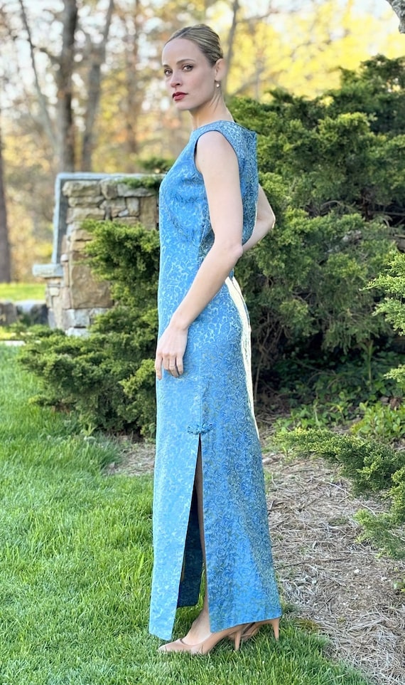 1960s Silver Blue Sleeveless Maxi Shift Dress with