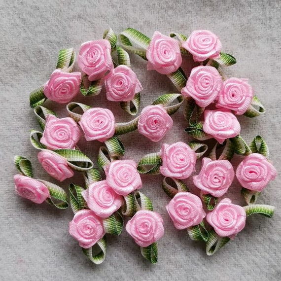 20 Mini Handmade Ribbon Roses With Leave (1/2 Inches) Rose Pink MY