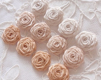 12 piccole rose a nastro fatte a mano (da 7/8 a 1 pollice) in bianco antico, crema, abbronzatura oltre 150 colori per scegliere MY- 388-03 pronto per la spedizione