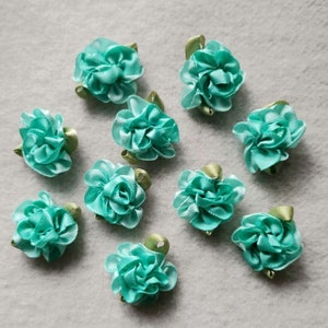 10 Handmade Ribbon Flowers With Leaves (1 inch) In Tropic Aqua More Color To Choose MY- 989-04 Ready To Ship