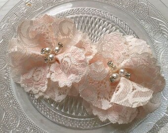 2 dentelle Fleurs dentelle Rose Tissu Fleur Tissu Rose Avec Strass Perle (3-1/4 pouces) Lt Crème Rose MY-735-05 Prêt à Expédier