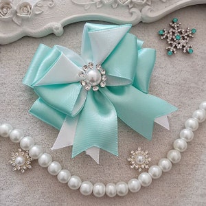 Handmade Satin Ribbon Bow With Pearl  Rhinestone Aqua And White have Over 150 Colors To Choose ( 3x3 inch) MY-864-01 Ready To Ship