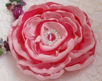 Larger Handmade Singed Flower With Pearl and Rhinestone (3- 3/4 inches) In Shocking Pink  And Pearl Pink  MY-218 -01 Ready To Ship