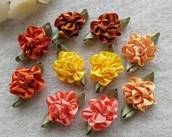 10 Handmade Ribbon Flowers With Leaves (1 inc) Y-663-01