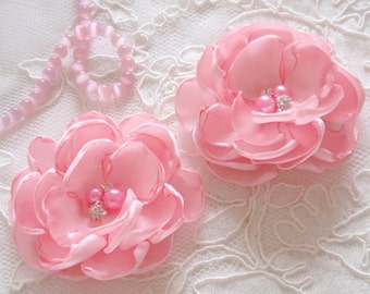 2 Handmade Singed Flower Fabric Flowers Fabric Rose With Pearl and Rhinestone (2.5  inches) In Rose pink  MY-603-01 Ready To Ship