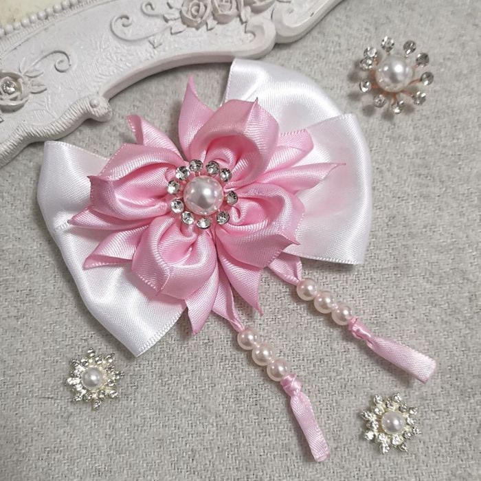 Handmade Satin Ribbon Bow With Pearl Rhinestone Pearl Pink - Etsy