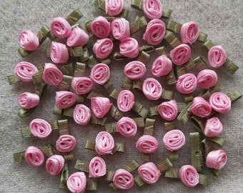 30 Mini Handmade Ribbon Roses (1/4 inches) In Rose Pink More Color to Choose MY-1003 Ready To Ship