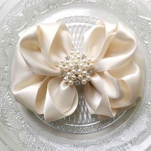 Handmade Satin Ribbon Bow With Pearl  Rhinestone Antique White And Over 150 Colors To Choose ( 4x5 inch) MY-795-04 Ready To Ship