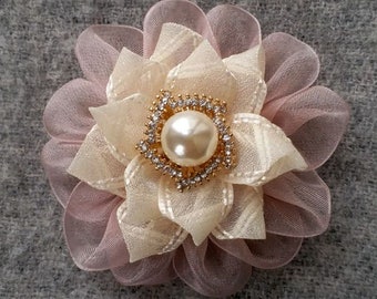 Handmade Flower With Rhinestone (3 inches) In Cream, Mauve MY-798-01 Ready To Ship