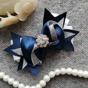 Handgemachte Satinband Schleife mit Strass Navy Weiß Silber haben über 150 Farben zur Auswahl ( 3.5x2.5inch) MY-1006-01 Versandfertig