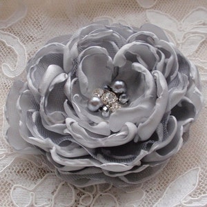 Larger Handmade Singed Flower With Pearl And Rhinestone (3- 3/4 inches) In Gray  MY-240 Ready To Ship
