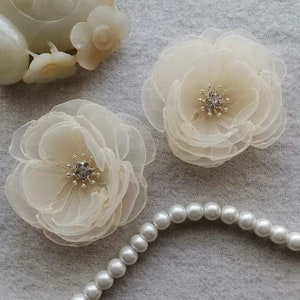 2 Singed Flower Organza Flower With Rhinestone (2.5 inches) In Buttermilk MY-1011-02 Ready To Ship