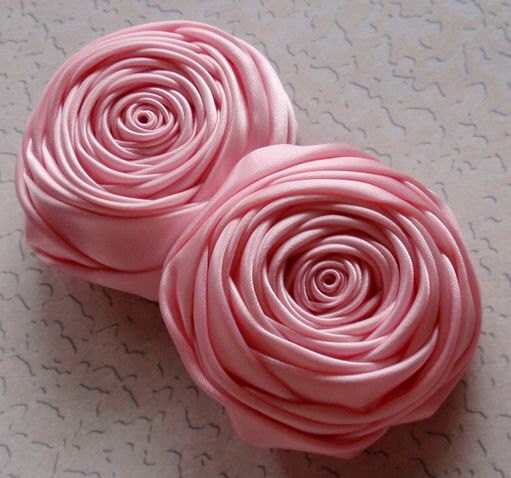 2 Handmade Ribbon  Rolled Roses (2.5 inches) in Rose Pink MY-015 -20 Ready To Ship