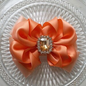 Handmade Satin Ribbon Bow With Pearl And Rhinestone In Peach, Petal Peach,  Over 150 Colors To Choose( 3x2.5 inch) MY-797-122 Ready To Ship