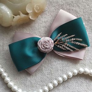 Handmade Grosgrain Ribbon Bow  With Rhinestone In Carmandy Teal  (4 x 3 inches) More Color to Choose MY--998-02 Ready To Ship