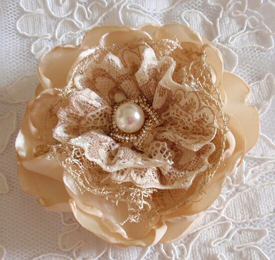Singed Flower Fabric Flower Satin Flower Fabric Flower Fabric Rose Lace, Pearl and Rhinestone (3.5 inches) In Raw Silk MY-346 Ready To Ship
