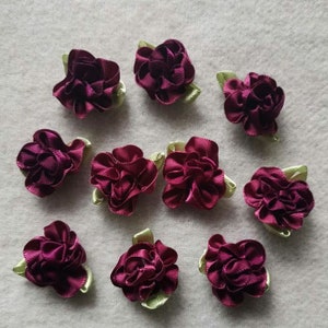 10 Handmade Ribbon Flowers With Leaves (1 inch) In Burgundy Rose Wine More Color To Choose MY- 989-01 Ready To Ship