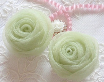 2 Organza Rolled Rose Chiffon Rose Organza Rose Chiffon Fiori In Lt verde MY-352-06 Pronto per la spedizione