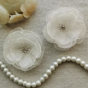 2 Singed Flower Organza Flower With Rhinestone (2.5 inches) In Ivory MY-1011-01 Ready To Ship
