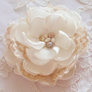 Larger Handmade Fabric Flower Lace Flower With Freshwhter Pearl (3-3/4 inches) In Cream,Tan MY-673 Ready To Ship