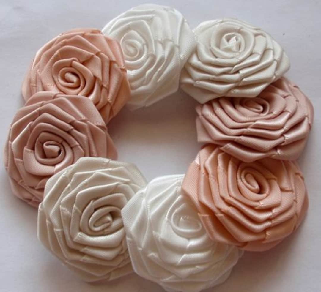 8 Handmade Ribbon Roses (1-1/2 Inches) in off White, Cream, Moons Tone ...