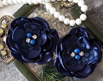 2  Handmade Singed Flowers Fabric Flower Fabric Rose With Pearl and Rhinestone (2.5  inches) In Navy MY-820 Ready To Ship