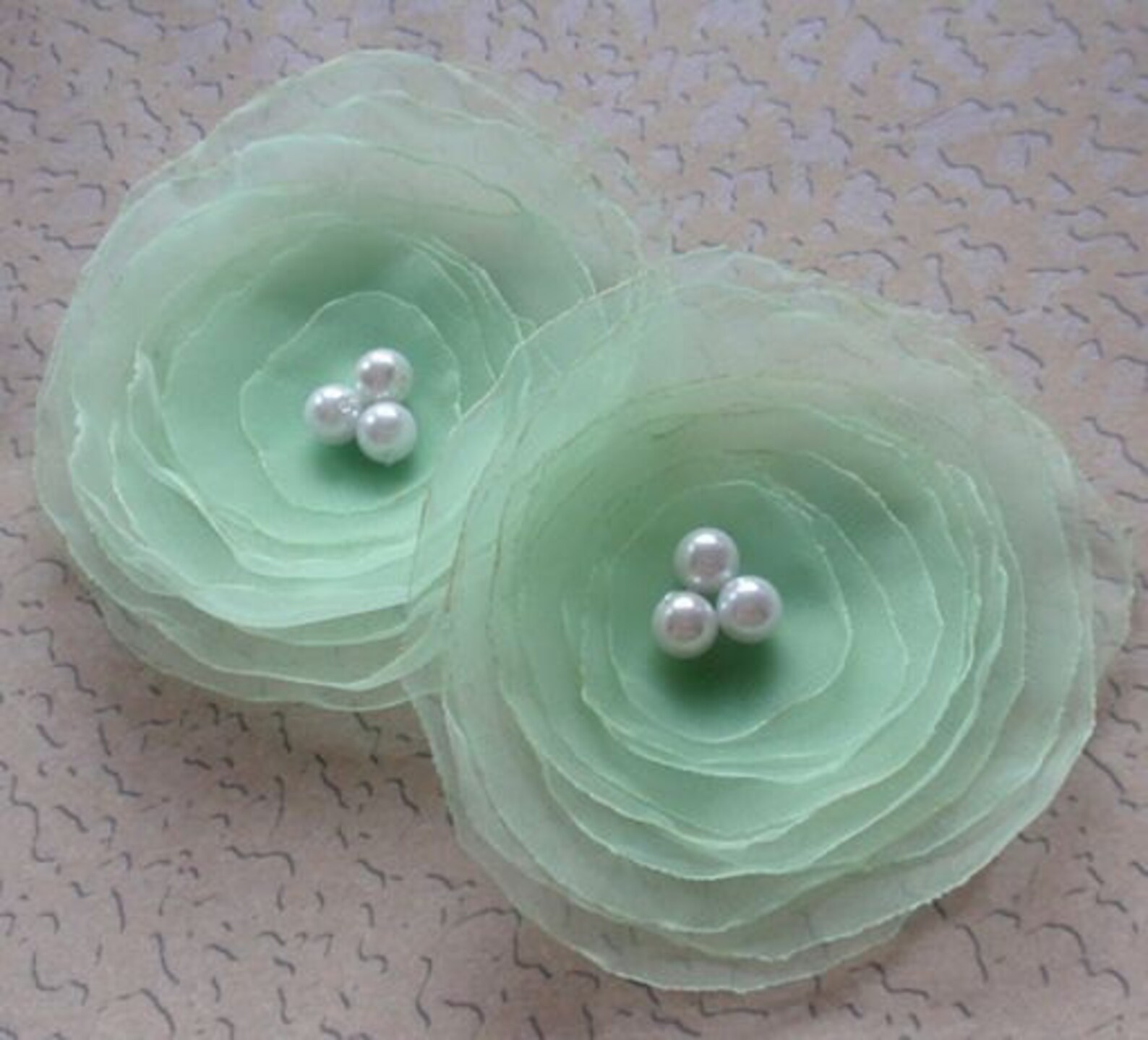 2 Larger Handmade Organza Flowers With Pearls 3.5 Inches in Etsy