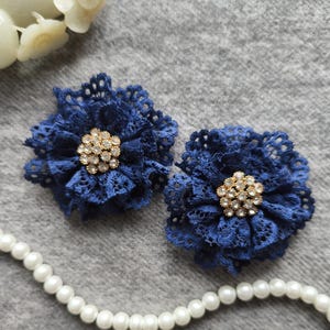 2 Lace Flowers With Rhinestone In Navy (2.5 inches)  MY- 685-03 Ready To Ship