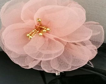 Larger Handmade Organza Flowers With Gold Beads  (4 inches) In Peach MY-600A Ready To Ship