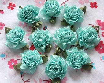 10 Handmade Ribbon Flowers With Leaves Over 150 Colors To Choose (1-1/4 inches) In Aqua MY-021-53 Ready To Ship