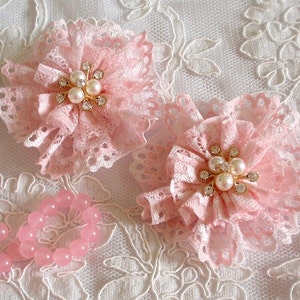 2 Lace Flower With Rhinestone Pearl (3 inches) In Lt pink MY-424-17 Ready To Ship