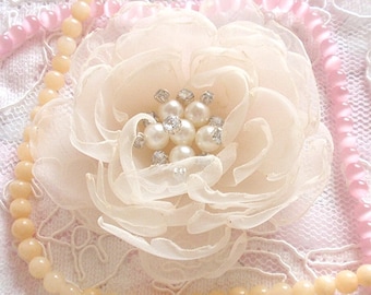 Singed Flower Singed Rose Organza Flower Fabric Flower Fabric Rose Pearl and Rhinestone (3-1/2 inches) In Cream MY-346 Ready To Ship