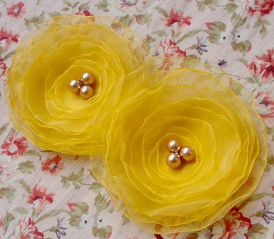 2 Larger Handmade Organza Flowers With Pearls 3.5 Inches in Etsy