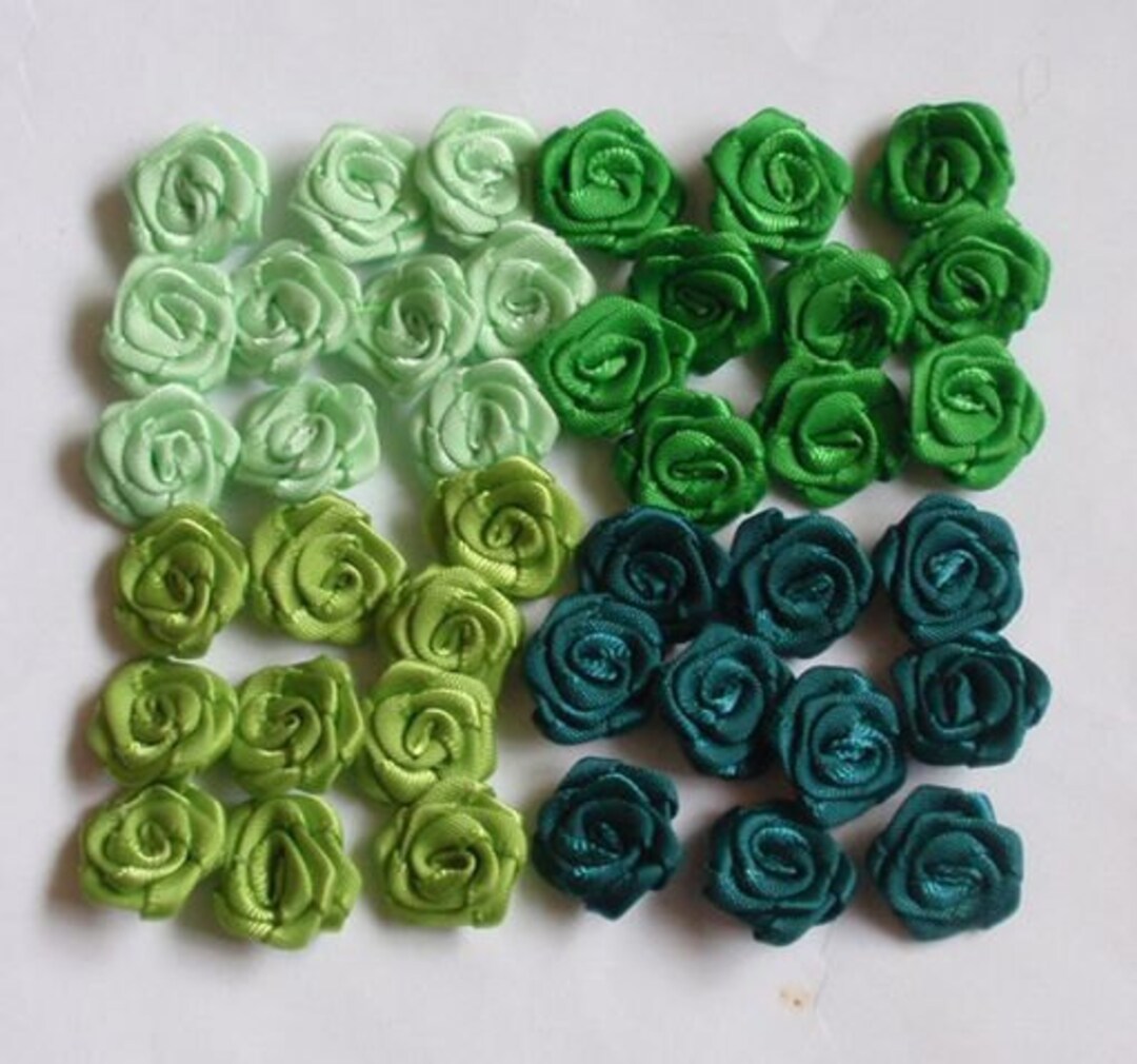 16 Count Ribbon Roses 12 Mini Handmade Ribbon Roses (1/2 Inches) in Green Combination and ...