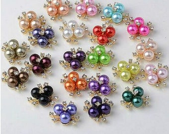 10 Flat Back Rhinestone Button Pearl Button Embellishment Brooch (21x20mm) AL-100